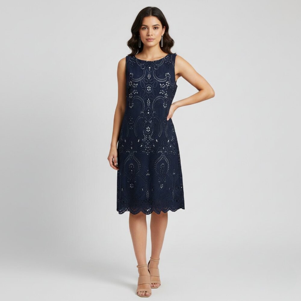 Eliza J Womens 12 Sleeveless Navy Lazer Cut Sheath Dress